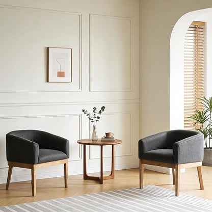 Barrel Dining Chairs Set of 2, Mid Century Modern Farmhouse Kitchen Chairs with Wood Legs, Linen Upholstered Accent Chair with Arms for Living Room/Bedroom, Grey
