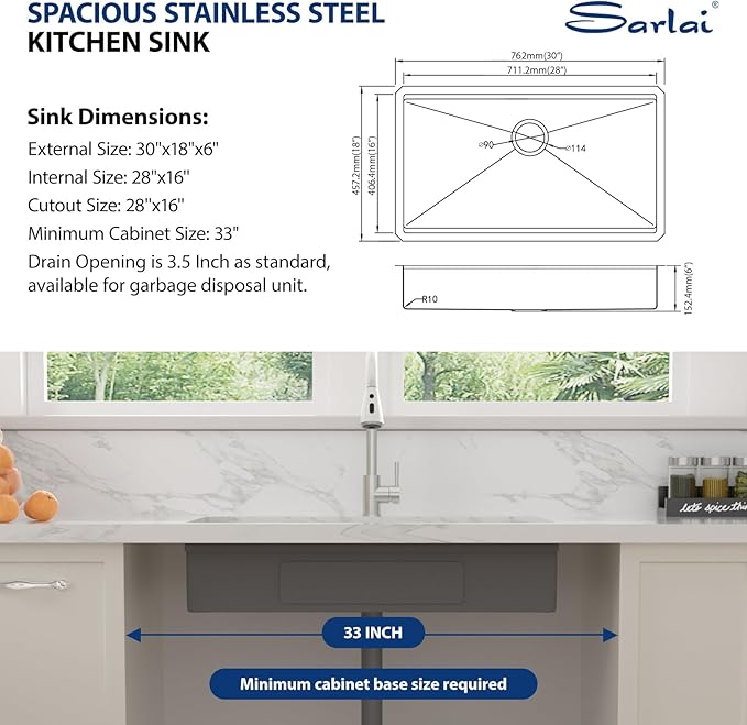 Sarlai ADA Undermount Kitchen Sink, 30 Inch Undermount Workstation Kitchen Sink 6-Inch Low Depth ADA Compliant Single Bowl 16 Gauge Stainless Steel 30x18 Inch Under Mount Handmade Sinks Basin