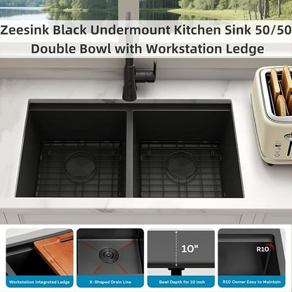 Double Bowl Kitchen Sink 30" X 18",Black Undermount Kitchen Sink,16 Gauge Stainless Steel Undermount Double Sinks with Workstation