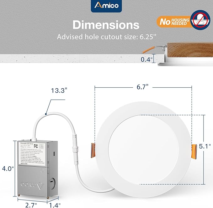 Amico 1 Pack 6 Inch 5CCT Ultra-Thin LED Recessed Ceiling Light with Junction Box, 2700K/3000K/3500K/4000K/5000K Selectable, 12W Eqv 110W, Dimmable Canless Wafer Downlight, 1050LM High Brightness -ETL