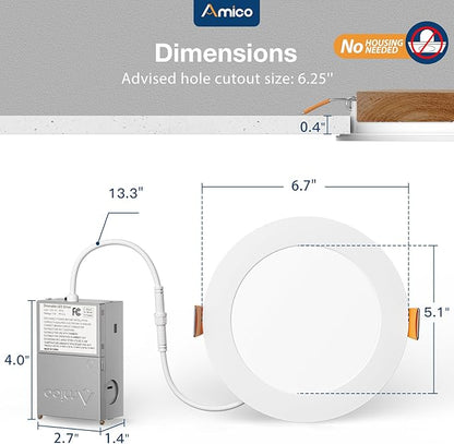 Amico 1 Pack 6 Inch 5CCT Ultra-Thin LED Recessed Ceiling Light with Junction Box, 2700K/3000K/3500K/4000K/5000K Selectable, 12W Eqv 110W, Dimmable Canless Wafer Downlight, 1050LM High Brightness -ETL