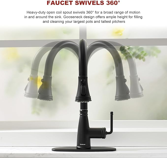 Kitchen Faucet with Pull Down Sprayer, 17 inch Matte Black Antique Single Handle Pull Out Kitchen Sink Faucet with Deck Plate for Classic Modern Ktichen