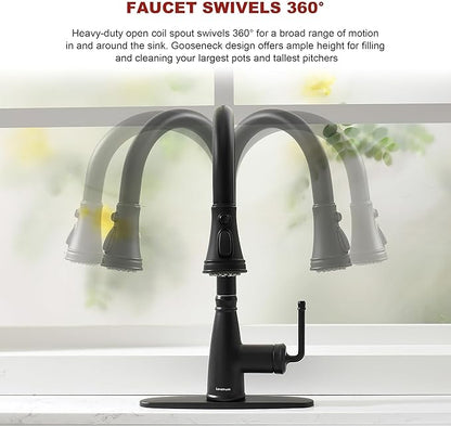 Kitchen Faucet with Pull Down Sprayer, 17 inch Matte Black Antique Single Handle Pull Out Kitchen Sink Faucet with Deck Plate for Classic Modern Ktichen