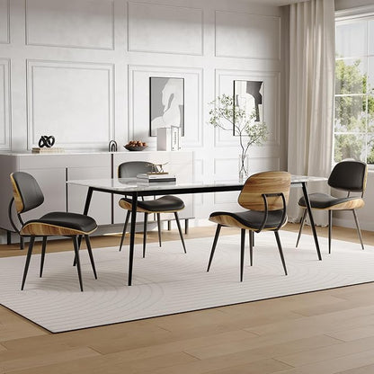 Mid Century Modern Dining Chairs Set of 6, PU Leather Armless Kitchen Chairs with Walnut Bentwood Back & Metal Legs, Sturdy Retro Accent Chairs for Dining Room, Living Room, Black
