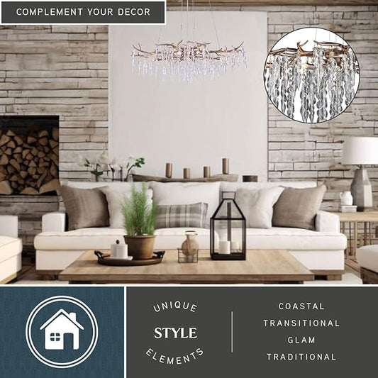VAXCEL Rainier 6 Light Silver Linear Crystal Waterfall Chandelier, Kitchen Island Pendant Fixture, Silver Mist Finish, Dimmable Ceiling Mounted Lighting