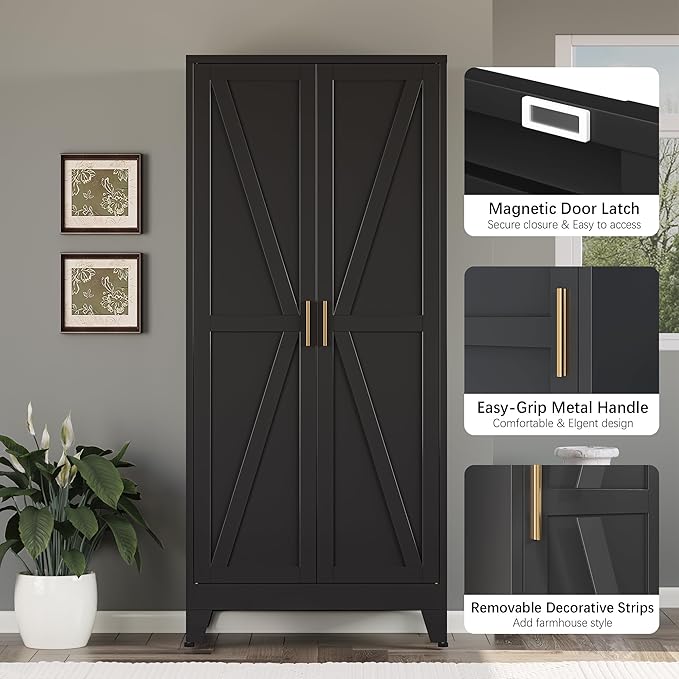 Bevivog 71" Kitchen Pantry Cabinet, Metal Storage Cabinet with 2 Doors and 4 Adjustable Shelves, Farmhouse Tall Metal Pantries Cabinets Storage for Kitchen, Home Office