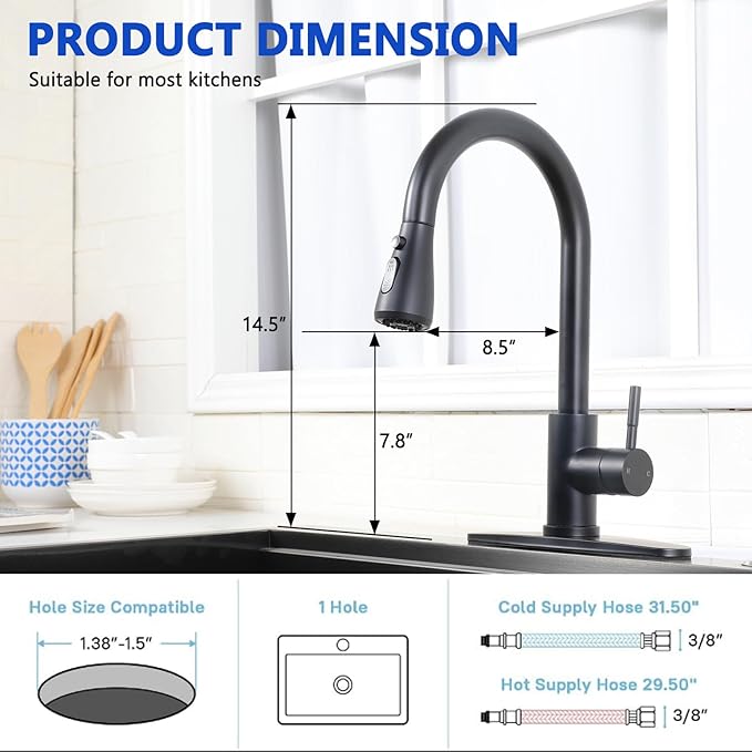 Black Kitchen Faucet with Pull Down Sprayer, Single Handle Kitchen Faucet Matte Black, Stainless Steel Suitable for 1 or 3 Hole Sinks for Farmhouse, RV, Laundry, Bar, RC-KYT010B-D