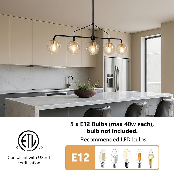 Linear Chandelier for Dining Room 39 Inch Kitchen Island Chandelier Black and Gold Modern 5 Lights Seeded Glass Globe Linear Pendant Light for Farmhouse, Living Room