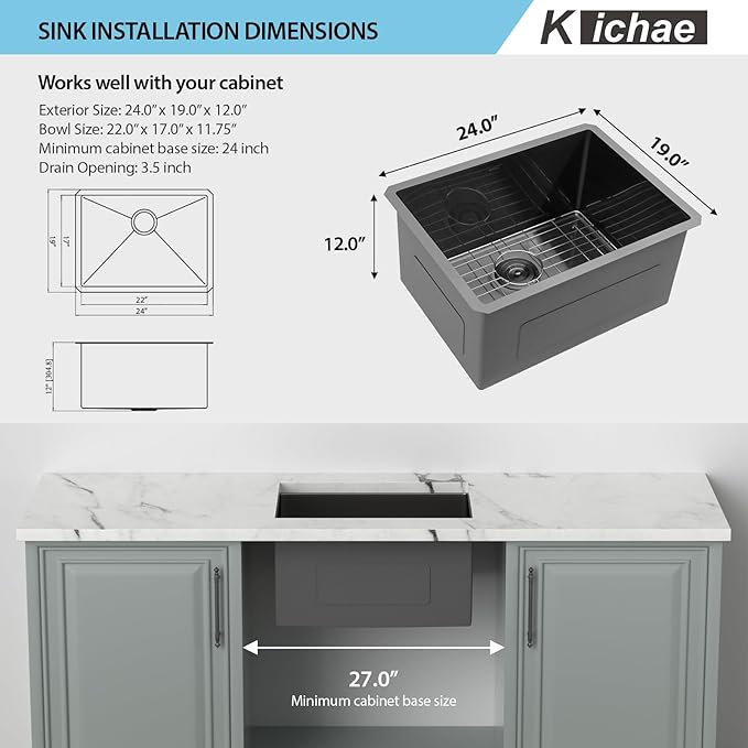 Kichae Black Laundry Sink Undermount - 24x19 Inch Black Undermount Utility Sink 12" Deep Stainless Steel Single Bowl Under Counter Handmade Laundry Utility Room Basin