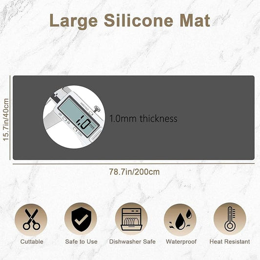 78.7" x 15.7" Large Silicone Mats for Kitchen Counter, Large Heat Resistant Countertop Protector Mat, Non-Slip Waterproof Craft Mat, Black