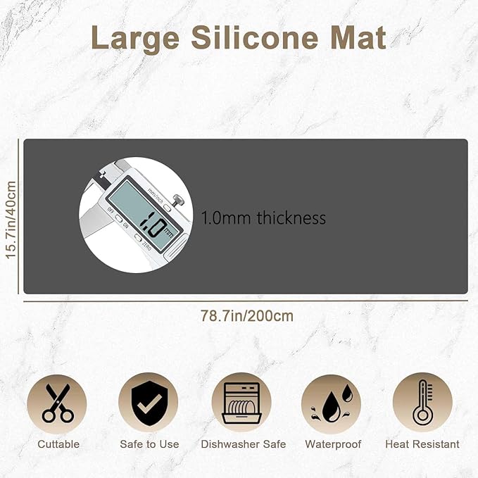78.7" x 15.7" Large Silicone Mats for Kitchen Counter, Large Heat Resistant Countertop Protector Mat, Non-Slip Waterproof Craft Mat, Light Gray