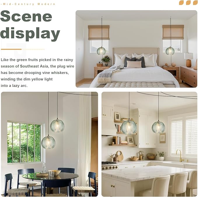 Plug in Pendant Light Set of 2, 8.6" Hand Blown Ribbed Glass Hanging Lamp, Mid Century Modern Ceiling Hanging Lights with Cord for Bedroom, Dining Room, Kitchen