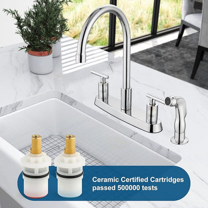 Kitchen Faucets, High Arc 360°Rotating Spout Kitchen Sink Faucet, 2 Handle 8 Inch Centerset RV Kitchen Faucet with Supply Lines, 3 or 4 Hole Kitchen Faucet with Side Sprayer, Polish Chrome