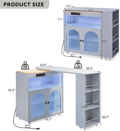Rolling Kitchen Island with Extended Table,Kitchen Island on Wheels with LED Lights,Power Outlets and 2 Fluted Glass Doors, with a Storage Compartment and Side 3 Open Shelves (Grey-Blue~018)
