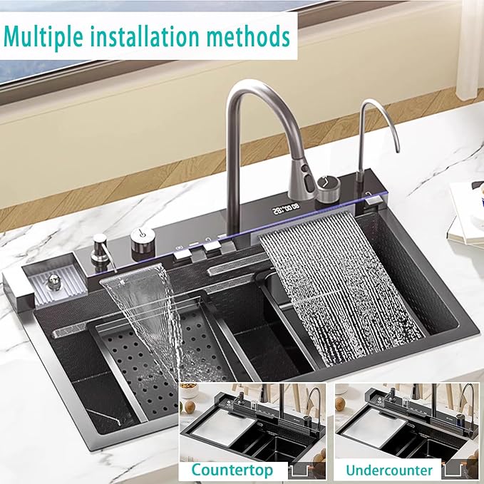 Sinks Countertop or Embedded Single Bowl Stainless Steel Kitchen Sink with Drain basket, cutting board, vegetable sink, multi-function pull-out faucet set (Black, 31.5x18x9 In)