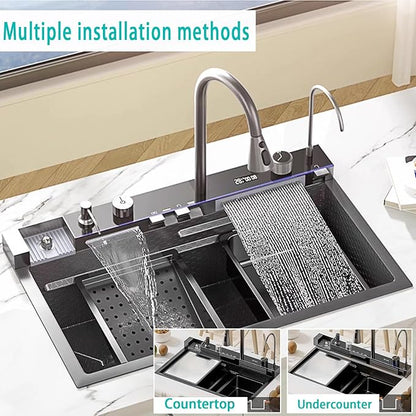 Sinks Countertop or Embedded Single Bowl Stainless Steel Kitchen Sink with Drain basket, cutting board, vegetable sink, multi-function pull-out faucet set (Black, 33.4x18x9 In)