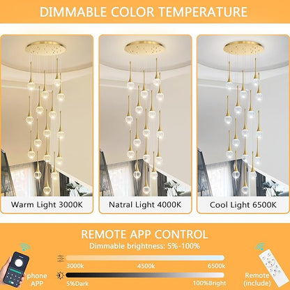 16 Light High Ceiling Crystal Chandelier Dimmable LED Pendant Lights with Remote Adjustable Chandeliers for Foyer Staircase Living Room Gold