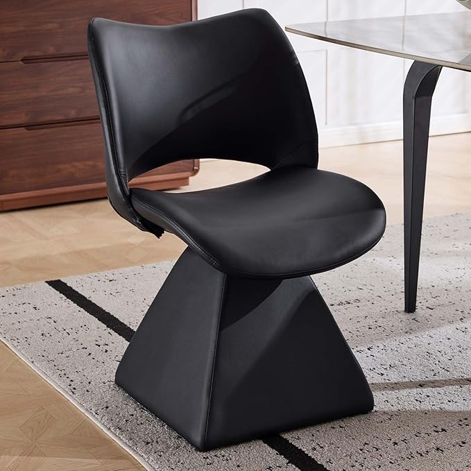 Modern Swivel Dining Chair, Comfy Upholstered Kitchen Chair with Curved High Backrest and Solid Wood Frame for Kitchen Island, Desk, Living Room, Faux Leather (1, Black)