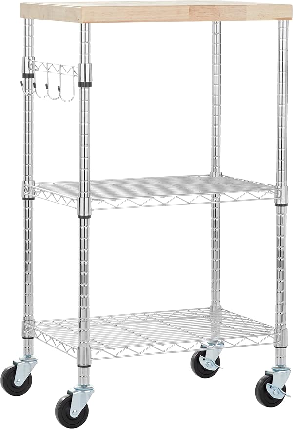 Basics Portable Kitchen 3-Tier Storage Rack on Caster Wheels with Adjustable 2 Shelves, 175 Pound Capacity, 21 x 15 x 36.7 inches (LxWxH), Wood/Chrome