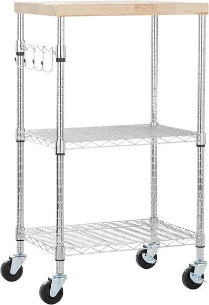 Basics Portable Kitchen 3-Tier Storage Rack on Caster Wheels with Adjustable 2 Shelves, 175 Pound Capacity, 21 x 15 x 36.7 inches (LxWxH), Wood/Chrome