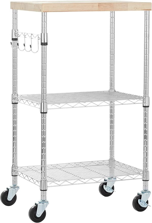 Basics Portable Kitchen 3-Tier Storage Rack on Caster Wheels with Adjustable 2 Shelves, 175 Pound Capacity, 21 x 15 x 36.7 inches (LxWxH), Wood/Chrome