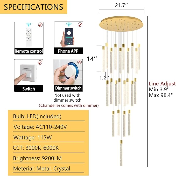 23-Light Long Large Modern Led Crystal Chandeliers Modern Spiral Chandeliers High Ceilings Chandelier for Staircase Foyer Gold