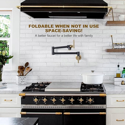 WOWOW Pot Filler Faucet Black Gold, Solid Brass Pot Filler Wall Mount Kitchen Stove Faucet with Double Joint Swing Arms