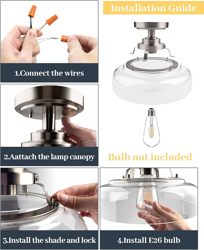 EAPUDUN Semi Flush Mount Ceiling Light, Farmhouse Close to Ceilight Lighting Fixture, Brushed Nickel Finish, Clear Glass Pendant Lamp Shade, SMA1307-BNK