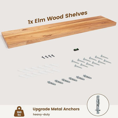 Reclaimed Elm Wood Floating Shelf for Wall, Flat Edge 48"W x 9.2"D x 1.4"H, 1 Pack with Invisible Bracket, Large Wall Mounted Shelf for Living Room Bedroom Kitchen Bathroom Decor, Natural Finish