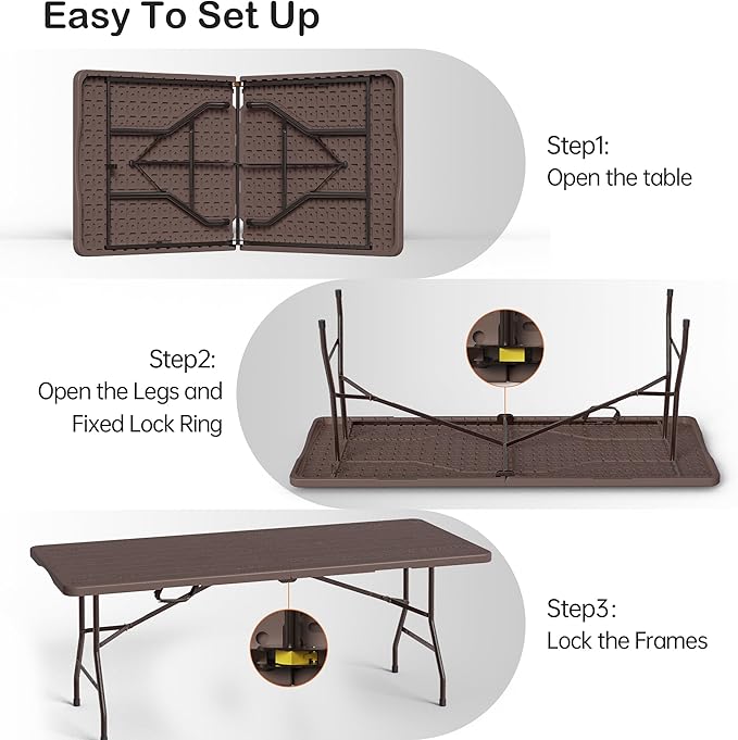 Set of 2 6 Foot Folding Table for Indoor Outdoor, Portable Heavy Duty Fold-in-Half Utility Plastic Foldable Dining Table with Carrying Handle for Picnic, Camping and Party, 2 Pack Brown