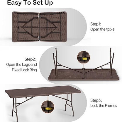 Folding Table 6 Foot for Indoor Outdoor, Portable Heavy Duty Fold-in-Half Utility Plastic Foldable Dining Table with Carrying Handle for Picnic, Camping and Party, Brown