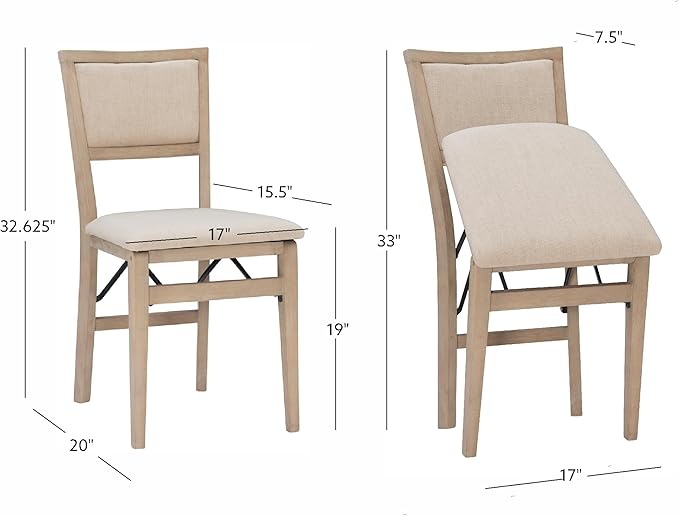 Linon Keira Natural Rustic Wooden Folding Chair with Beige Upholstered Seat and Back Set of 2