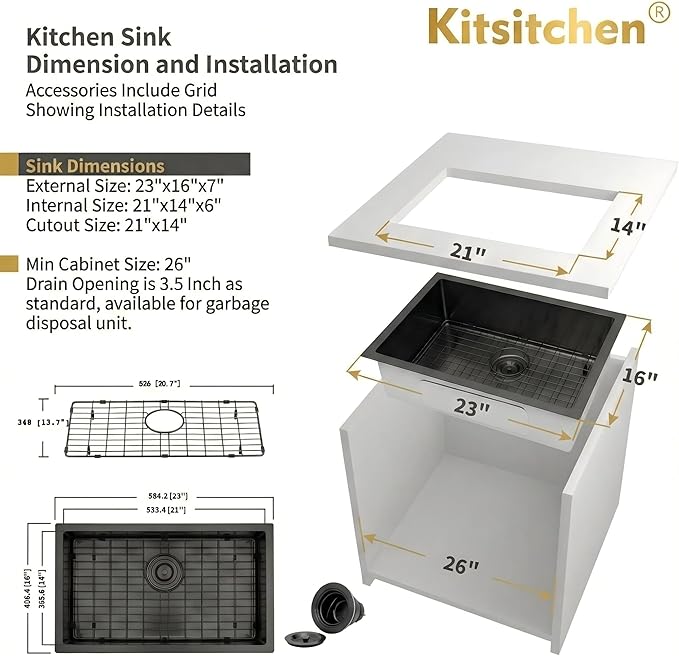 Kitsitchen Black RV Kitchen Sink, SUS304 Stainless Steel Undermount Kitchen Sinks, 23" x 16" x 7"Single Bowl Kitchen Sinks with Accessories,7 inch Depth for Outdoor Camper RV Sink