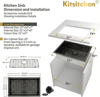 Kitsitchen Black RV Kitchen Sink, SUS304 Stainless Steel Undermount Kitchen Sinks, 23" x 16" x 7"Single Bowl Kitchen Sinks with Accessories,7 inch Depth for Outdoor Camper RV Sink