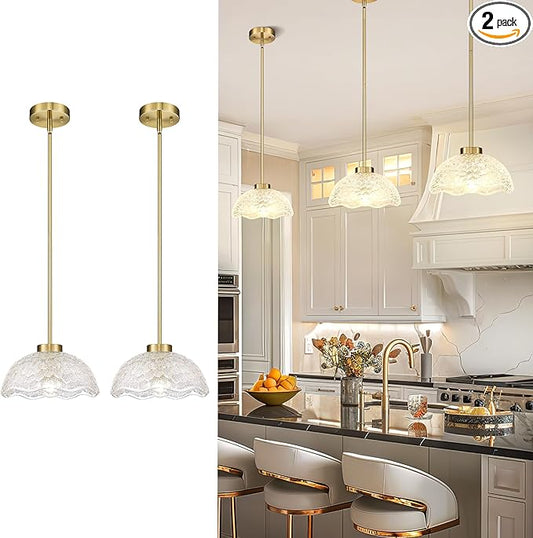 zeyu 2-Pack Pendant Lights Kitchen Island Gold, 10.4'' Ceiling Hanging Light Fixtures, Brushed Gold Pendant Lightings with Clear Hammered Glass, ZJX116M1L-2PK BG