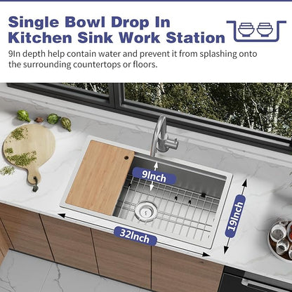 Kitchen Sink Workstation,32"x18" Stainless Steel Undermount Single Bowl Sink Built-in Ledge Drop In Workstation Sink Design For Placing/Sliding Accessories-Cutting Board,Drying Rack