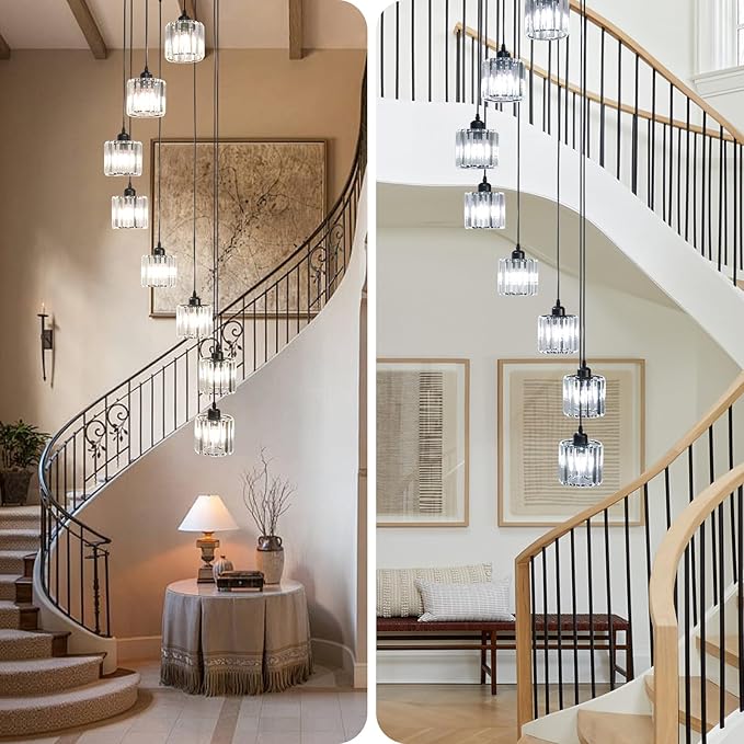 High Ceilings Long Chandeliers Modern Crystal Long Pendant Light,Long Raindrop Hanging Chandeliers,Hanging Flush Mount Chandelier Ceiling Light for Staircase Foyer Entryway 8 Lights