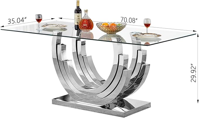 70" Glass Dining Table for 6-8, Modern Dining Room Table with 0.39" Tempered Glass Top and Three U-Shaped Silver Stainless Steel Base, Rectangle Kitchen Dinner Table for Dining Room