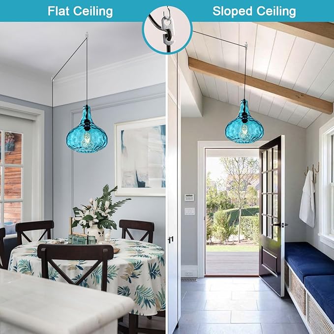 Mid-Century Modern Plug in Pendant Light Fixture,Blue Glass Pendant Lamp with 14.7 ft Cord Hammered Glass Globe Shade,Black Plug in Hanging Light for Bedroom Dining Living Room