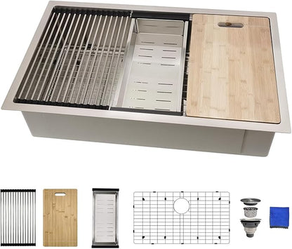 32x19 Undermount Kitchen Sink, Delironexu 32 Inch Kitchen Sink Workstation, 16 Gauge 304 Stainless Steel Undermount Kitchen Sink Single Bowl with Accessories