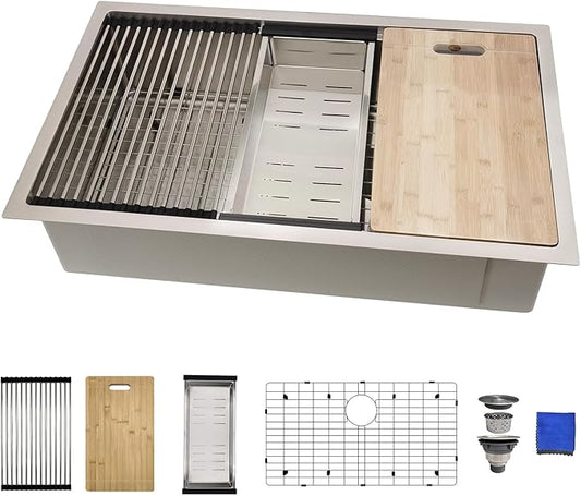 32x19 Undermount Kitchen Sink, Delironexu 32 Inch Kitchen Sink Workstation, 16 Gauge 304 Stainless Steel Undermount Kitchen Sink Single Bowl with Accessories