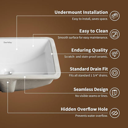 DeerValley DV-1U101 Ally Undermount Bathroom Sink Rectangular, 21'' x 14.72'' Vessel Sink Undermount Bathroom Sink White Ceramic Lavatory Vanity Vessel Sink with Overflow