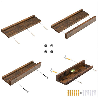 HOOBRO Floating Shelves, Wall Shelf Set of 3, 47.2 Inches Hanging Shelf with Raised Edge and Invisible Brackets, for Bathroom, Bedroom, Kitchen, Office, Living Room Decor, Rustic Brown BF92BJ01
