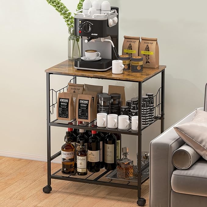 Toutrop Rolling Kitchen Microwave Cart with Wheels, 3 Tier Microwave Storage Cart with Adjustable Shelves, Coffee Table, Utility Cart for Kitchen, Living Room, Office, Laundry Room