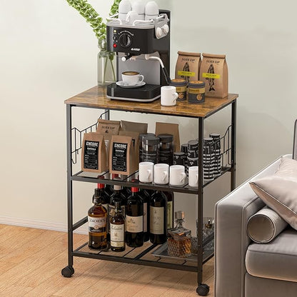 Toutrop Rolling Kitchen Microwave Cart with Wheels, 3 Tier Microwave Storage Cart with Adjustable Shelves, Coffee Table, Utility Cart for Kitchen, Living Room, Office, Laundry Room