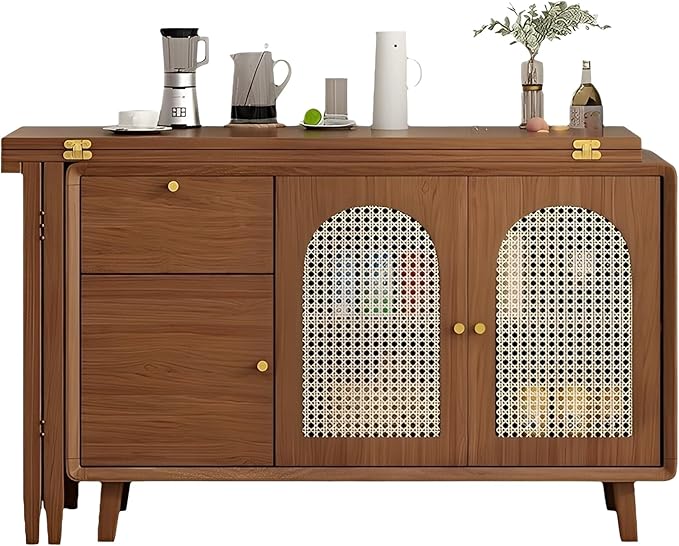 60.68in Multifunctional Folding Buffet Table, Modern Bar Cabinet with Swivel Table, Extendable Dining Table, Double Storage Cabinet for Kitchen, Living Room, Small Space - Walnut/White(Walnut,60.63in)