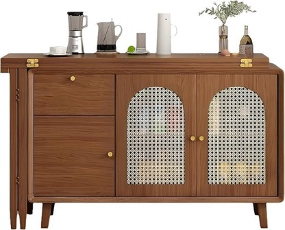 60.68in Multifunctional Folding Buffet Table, Modern Bar Cabinet with Swivel Table, Extendable Dining Table, Double Storage Cabinet for Kitchen, Living Room, Small Space - Walnut/White(Walnut,50.79in)