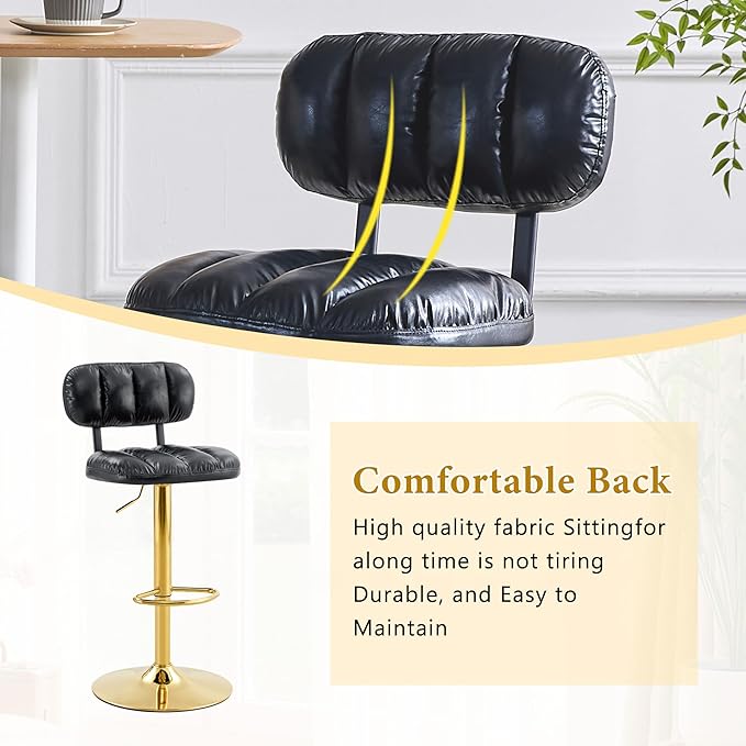 Set of 2 Bar Stools with Adjustable Height, Black PU Leather Upholstered Stools with Gold Metal Base Footrest for Kitchen Island, Home Bar, Game Room