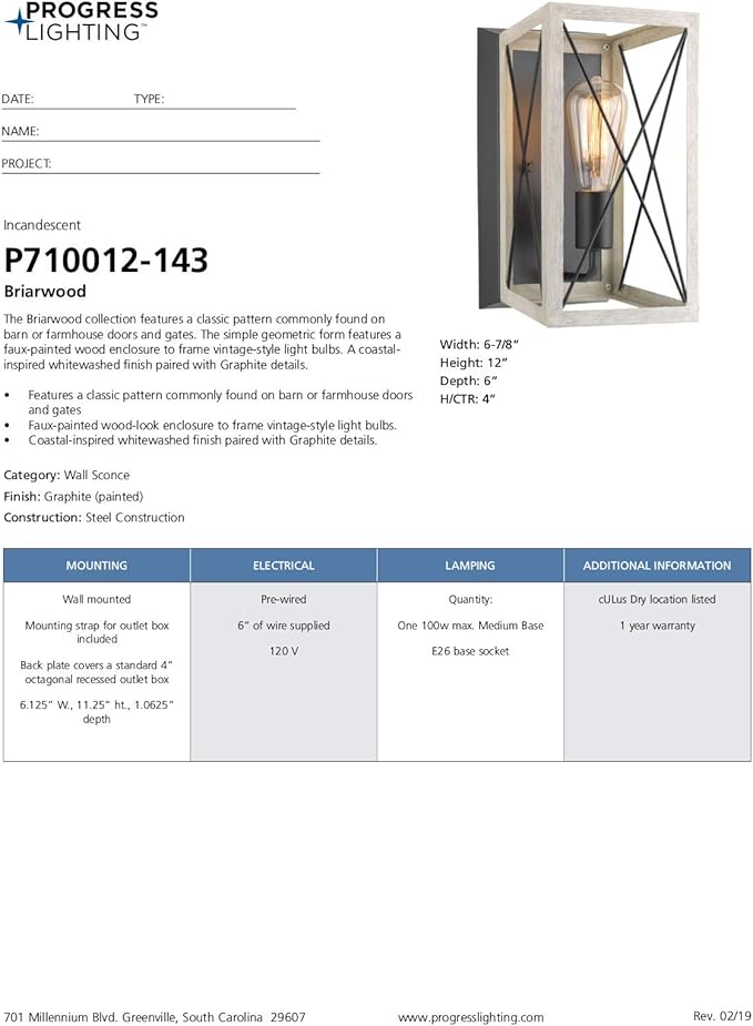 Progress Lighting P710012-143 Briarwood Graphite One-Light Wall Sconce, , Black
