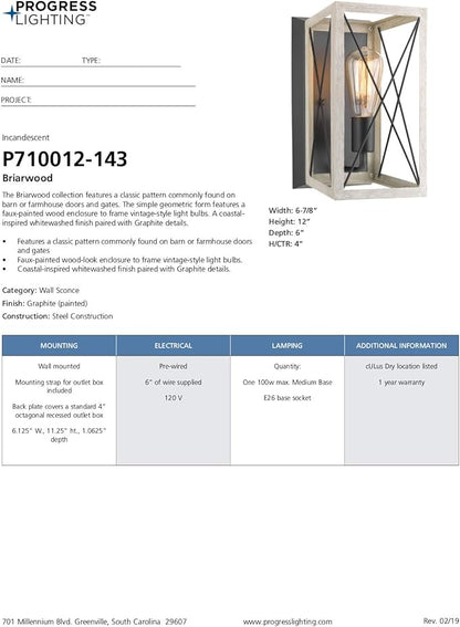 Progress Lighting P710012-143 Briarwood Graphite One-Light Wall Sconce, , Black